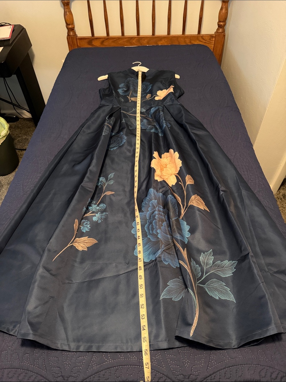 Navy Floral Satin Tie Waist Maxi Dress with Blue and Cream Peony Blooms - Picture 6 of 11
